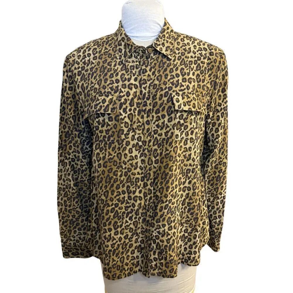 Garnet Hill Silk Cheetah Print Blouse Sz. 14 Hidden Button Front Pockets